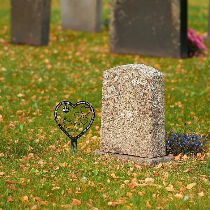 BUoonyer Stake Graves Cemetery Decorations - Dad Metal Memorial Grave Markers, Father Heart Graveyard Sympathy Plaque, Happy Heavenly Birthday Remembrance Graveside Burial Decor Sign for Outside Yard