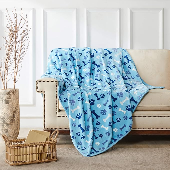 Allisandro Luxurious Dog Blanket, 350 GSM Super Fuzzy Microplush Fleece Pet Blankets for Small Medium Large Dogs and Cats, Blue Paw and Bone, 80" x 64"