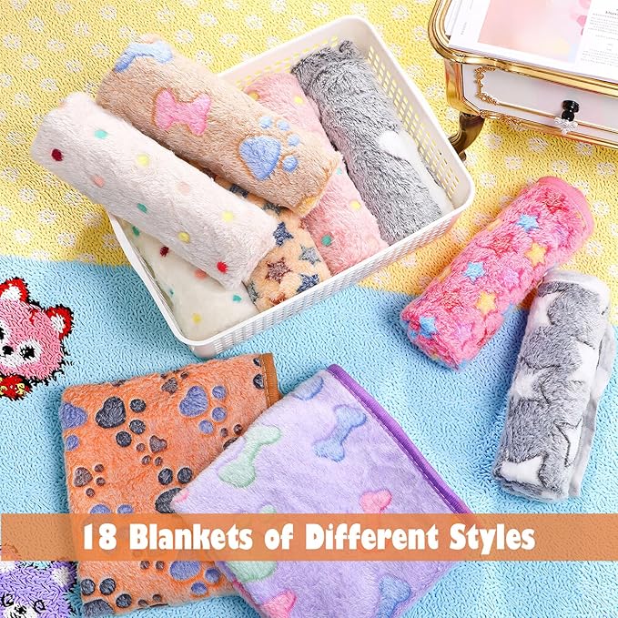 Chumia 18 Pcs Fleece Pet Blanket Soft Warm Sleep Mat Fluffy Cute Puppy Supplies Paw Bone Star Elephant Dot Heart Print Design Bed Blankets for Dog Cat Kitten Animals (41 x 30 Inch,Sweet)