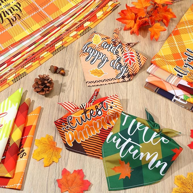 Sweetude 100 Pcs Fall Dog Bandanas Bulk Plaid Bandanas for Dog Autumn Thanksgiving Pet Scarf Bibs Adjustable Triangle Kerchief Grooming Supplies Pet Costume for Small Medium Large