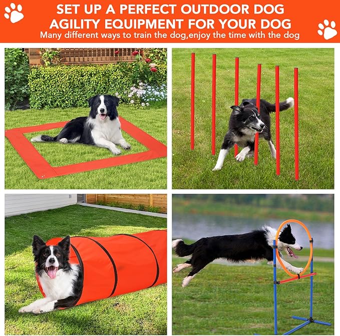 CuisinSmart Dog Agile Course Backyard Set, Dog Obstacle Course Backyard with 2-Set Agility Hurdle,Jump Ring, Tunnel, Pause Box, 8 Weave Poles, Toy Balls & Portable Storage Bags,Dog Agility Equipment