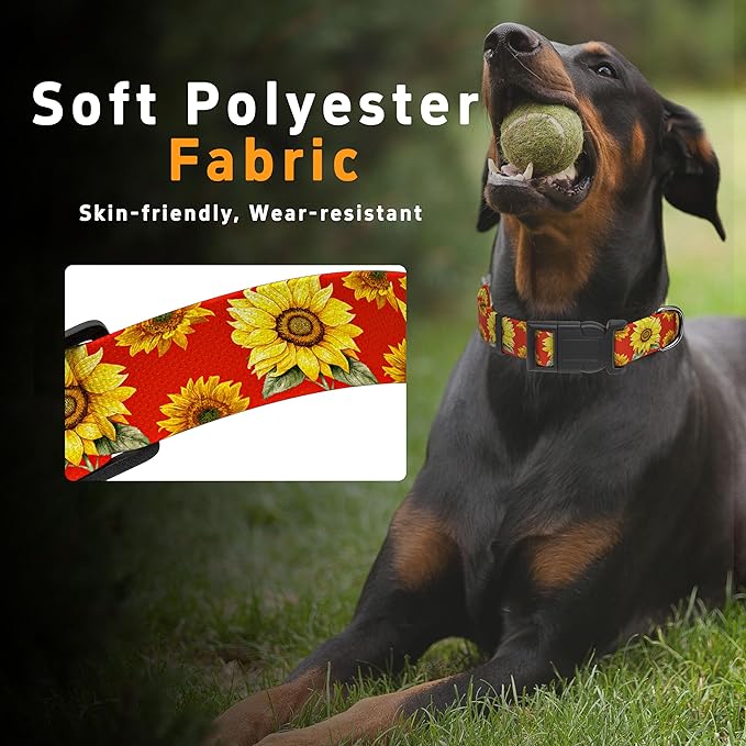 Dog Collar, Floral Boys Girls Puppy Collar for Small Medium Large Dogs, Adjustable Soft Pet Collar with Safety Buckle for Male Females (Red Sunflower, XL)