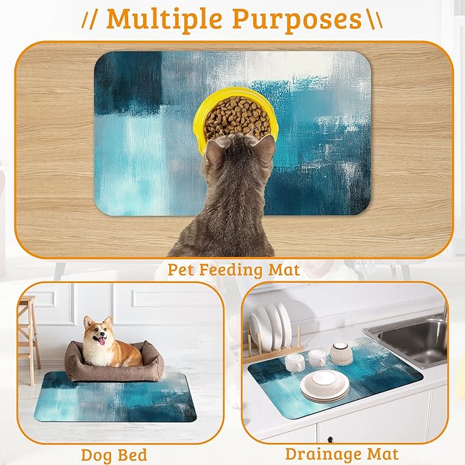 Pet Feeding Mat,Art Painting Absorbent Dog Cat Food Mat Grey Blue Dog Mat with Rubber Backing,Non-Slip Water Bowl Placemat,Pet Supplies 16" x 24"