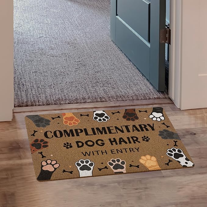 Complimentary Dog Hair with Entry Door Mat, Cute Dog Paws Print Artificial Coir Front Door Mat Indoor Outdoor Entrance, Funny Paw Welcome Doormat Rug for Porch Entryway Patio Decor, 17X30 Inch