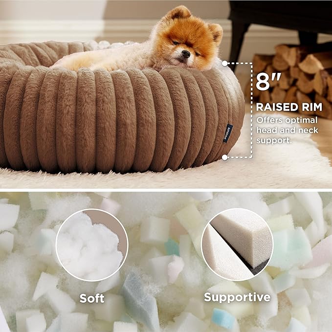 Bedsure ComfyFleece™ Donut Small Dog Bed - Dog Beds for Small Dogs with Corduroy Fleece & Anti Slip Bottom, Round Faux Fur Pet Beds with Washable Removable Cover, Camel Brown, 23x23x7 inches