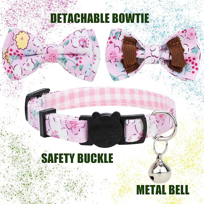Collar for Cat Pet Breakaway with Bell Bowtie Detachable Bow Adjustable Safety Kitten Puppy Girl Boy 2pcs Green & Pink Sakura