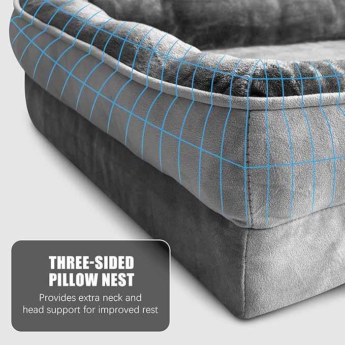 Orthopedic Dog Bed with Sides - Dog Sofa Beds for Large Dogs, Supportive Foam Pet Couch Bed with Washable Removable Cover, Waterproof Lining and Non-Slip Bottom, Grey - L