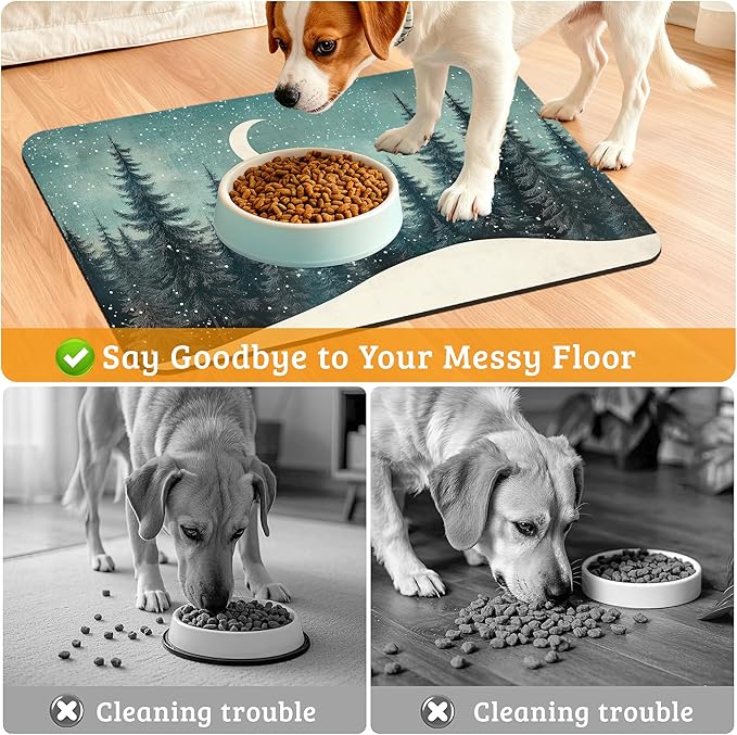 Pet Feeding Mat,Abstract Forest Absorbent Dog Cat Food Mat Moon Dog Mat with Rubber Backing,Non-Slip Water Bowl Placemat,Pet Supplies 12" x 20"