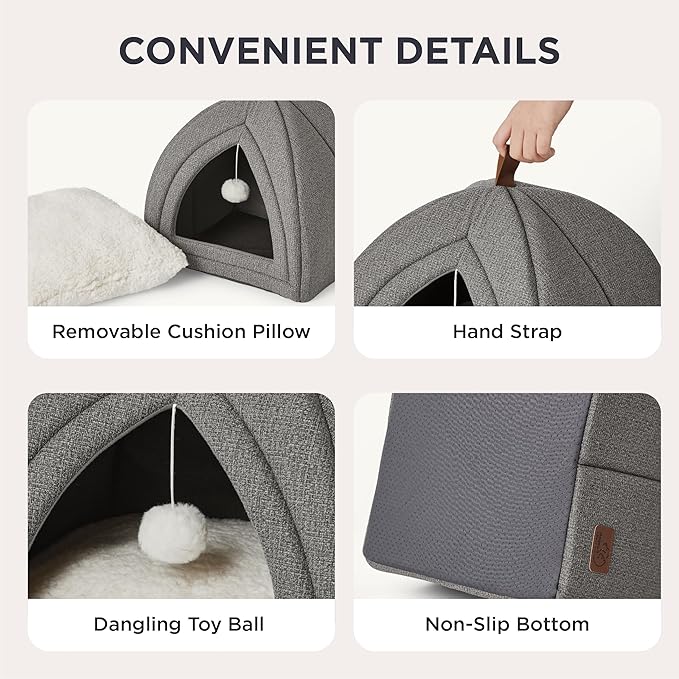 Bedsure Cat Beds for Indoor Cats - 2 in 1 Cat Cave House Tent for Kittens and Small Pets with Removable Washable Cushioned Pillow, Foldable Kitten Hideaway with Non-Slip Bottom, Grey, 17.3 inches