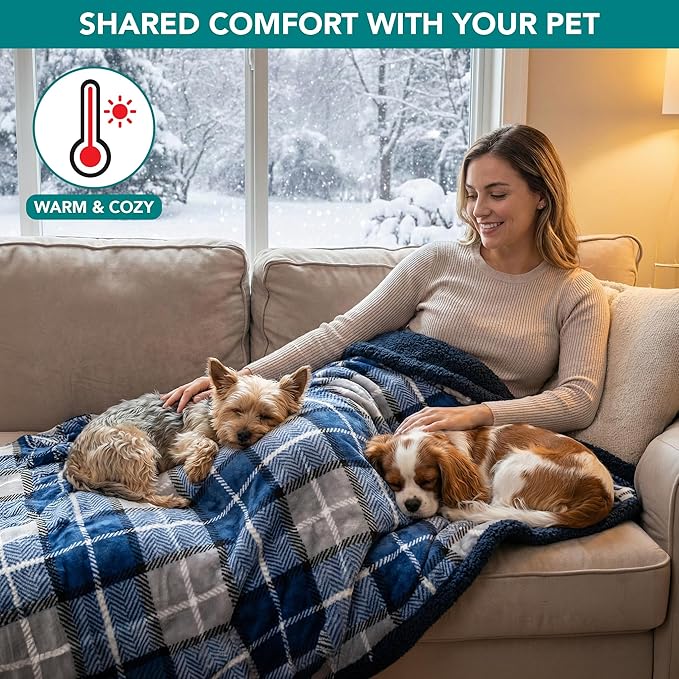 PetAmi Waterproof Dog Blanket for Small Medium Dog Puppy Cat Throw for Couch Cover Leakproof Protection, Sherpa Fleece, Reversible Soft Washable 29x40 Plaid Navy Blue