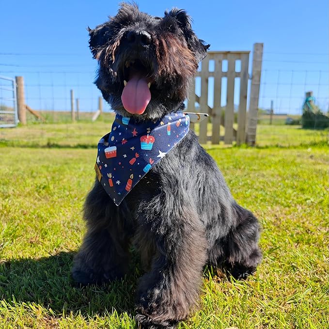 Birthday Dog Bandana for Medium Large Dog, Navy Blue Sprinkle Cake Design, Reversible Soft Breathable Adjustable Scarf Party Outfit Gift Boy Girl Accessory FW3