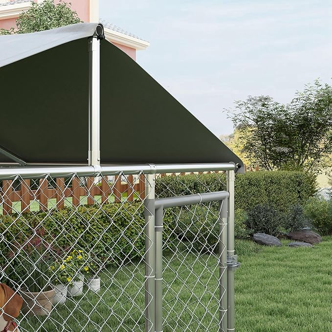 PawHut Outdoor Dog Kennel, Heavy Duty Dog Run Outdoor Fence with Waterproof Cover, Galvanized Chain Link, Secure Lock, for Large Breeds, Chickens, Ducks, 6.5' x 6.5' x 5'