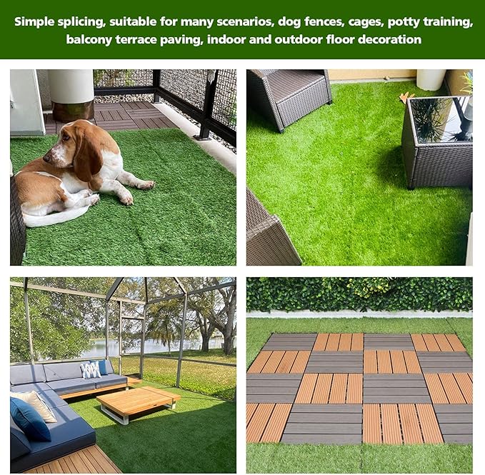 XLX TURF Interlocking Fake Grass Tiles for Dogs Potty - Pets Friendly Artificial Grass for Dog Kennel Outdoor Patio Balcony & Home Decor, 12"x12" 9 Pack