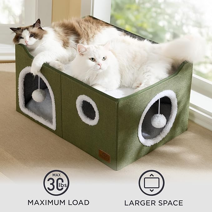 Bedsure Large Cat Beds for Indoor Cats - Extra Wide Cat Cube House for Small Pet with Fluffy Ball Hanging and Scratch Pad, Foldable Pet Cave Hideaway for Multiple Cats, 23.6x16.9x13 inches