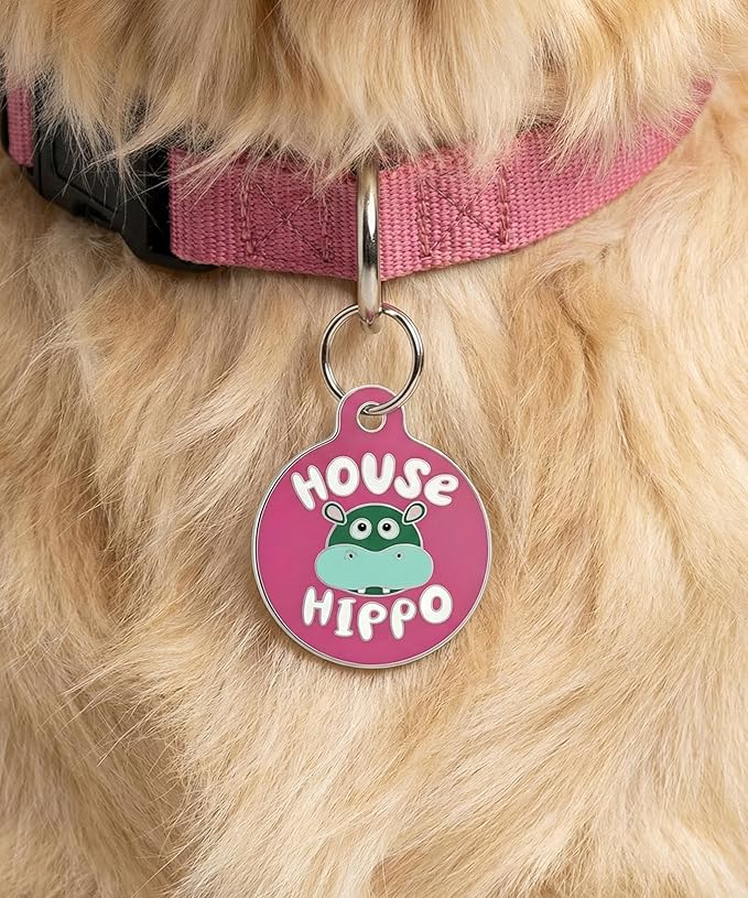 Bad Tags Personalized Dog and Cat ID Tags in 25+ Designs and 2 Sizes - 5 Lines of Custom Engraved Text - Funny Cute Personalized Pet Tags (House Hippo - Pink, Small (1 inch))