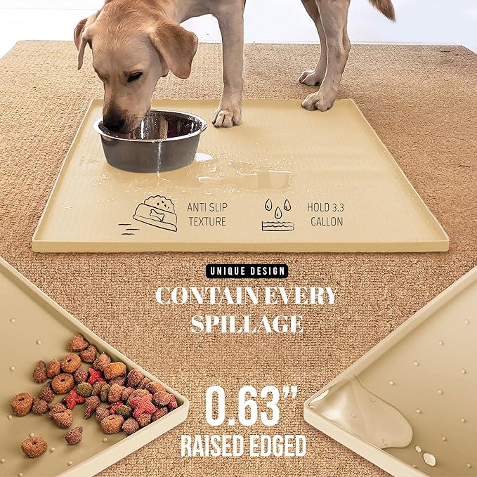AVERYDAY 100% Waterproof Thicker Silicone Dog Food Mat, 0.63'' Raised Edge Bowl Mat for Food & Water, Non Slip Pet Feeding Placemat for Messy Drinkers, Perfect for Large Medium Small Breeds, 32"x24"