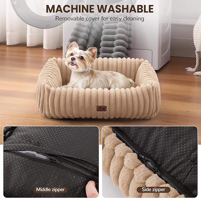 Washable Dog Bed for Small Medium Dogs - Rectangle Orthopedic Corduroy Fleece Pet Bed with Removable Cover and Nonskid Bottom, Calming Puppy Bed Soft Pet Sofa, Camel(20x19x6inchs)