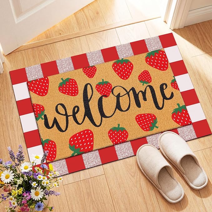 Tinideya 2 Pcs Strawberry Door Mat Fruit Pattern Design Welcome Non Slip Coir Mats Red and White Plaid Floor Layering Doormats Seasonal for Front Porch Entryway Decor(Strawberry)