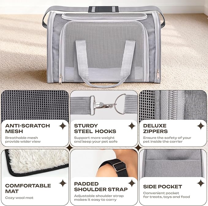 Pet Carrier for Cats, Rabbits, Guinea Pigs – Airline Approved Soft-Sided Travel Bag, Lightweight Dog Carrier, Ventilated & Foldable (Grey, Medium)