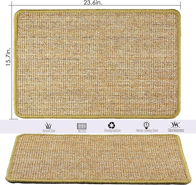 Cat Scratcher Mat, 23.6 x 15.7inch,Natural Sisal Cat Scratchers for Indoor Cats with Velcro Tapes,Cat Scratching Pad Rug,Horizontal Cat Scratching Mat Protect Furniture and Sofas (Brown)