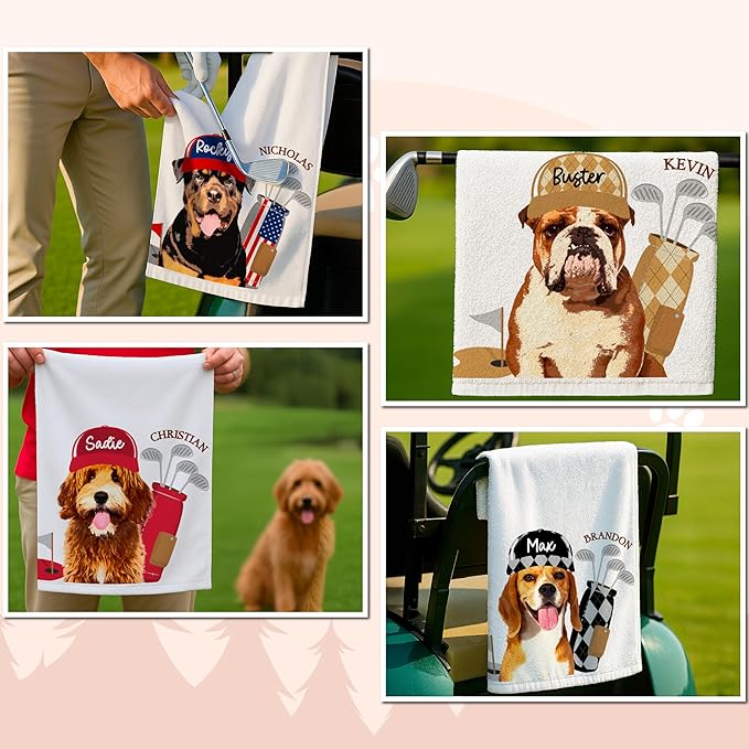 Custom Pet Golf Towel – Personalized Golf Club Towel with Your Dog or Cat Photo & Name – Unique Pet Lover Golf Accessory Gift for Golfers & Pet Owners – Christmas, Birthday or Father’s Day Present