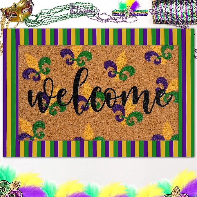 Tinideya 2 Pcs Mardi Gras Door Mat Carnival Welcome Non Slip Coir Mats Purple Yellow Green Stripe Floor Layering Doormats Seasonal for Front Porch Entryway Decor(Mardi Gras)
