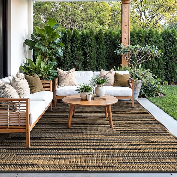 GENIMO Outdoor Rug for Patio Clearance, 6'x9' Waterproof Camping Mat, Reversible Plastic Straw Rugs for RV, Camper, Balcony, Backyard, Picnic, Deck (Black Brown)