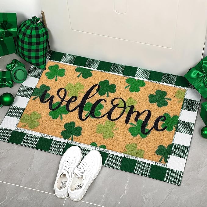 Tinideya 2 Pcs St. Patrick Day Door Mat Welcome Non Slip Coir Mats Clover Pattern Green White Plaid Floor Layering Doormats Seasonal for Front Porch Entryway Decor(st Patrick's Day)
