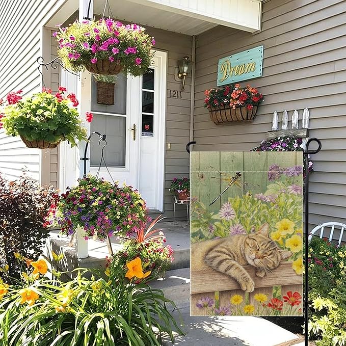 Sleeping Cat Garden Flag Double Sided Home Decorative, Spring Summer Garden Flag Lawn Yard House Outdoor Decor 12 x 18 inch