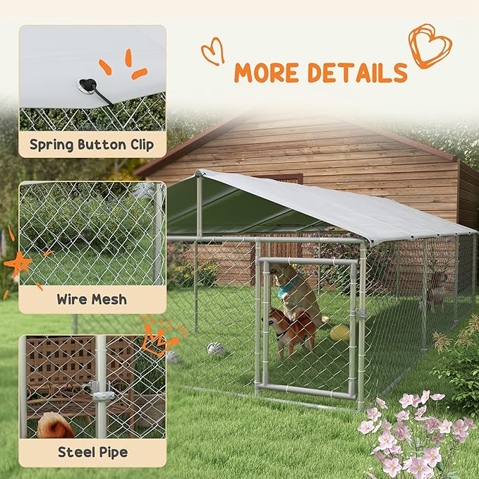 PawHut Outdoor Dog Kennel, Heavy Duty Dog Run Outdoor Fence with Waterproof Cover, Galvanized Chain Link, Secure Lock, for Large Sized Breeds, Chickens, Ducks, 20' x 7.5' x 5'