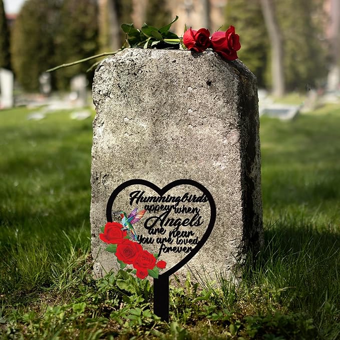 BUoonyer Stake Graves Cemetery Decorations - Mom Metal Memorial Grave Marker, Mother Heart Graveyard Sympathy Plaque, Hummingbird Flower Remembrance Graveside Burial Decor Sign for Outside Yard Garden