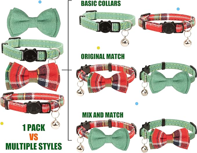 Collar for Cat Pet Breakaway with Bell Bowtie Detachable Bow Adjustable Safety Kitten Puppy Girl Boy 2pcs Christmas-B