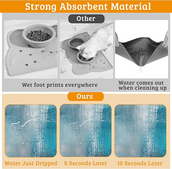 Pet Feeding Mat,Art Painting Absorbent Dog Cat Food Mat Grey Blue Dog Mat with Rubber Backing,Non-Slip Water Bowl Placemat,Pet Supplies 16" x 24"