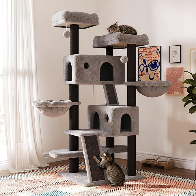 SHA CERLIN 65in Larger Cat Tree Tower Condo for Indoor Kitties/Multi-Level Furniture Activity Center with Wide Base/Cozy Plush Perches/Baskets/Sisal Scratching Posts and Hammock/Black & Grey