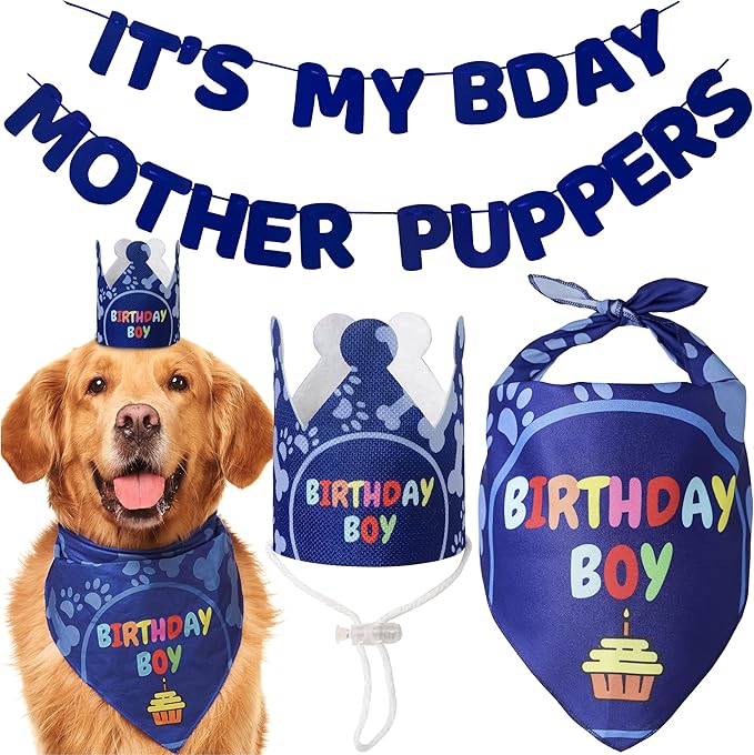 Dog Birthday Party Supplies - Bandana Set with Party Hat, Crown and Banner - 'It's My Birthday Mother Puppers' for Medium, Large Dogs