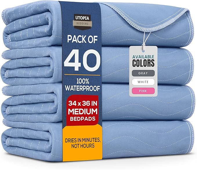 Utopia Bedding Waterproof Incontinence Bed Pads 34 x 36 Inches (Pack of 40, Blue), Washable and Reusable Underpads for Adults, Elderly and Pets, Absorbent Protective Pads