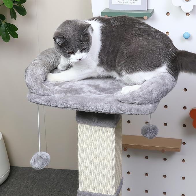 34" Tall Cat Scratching Post with Bed, Sisal Scratch Posts Trees with Plush Perch and Hanging Ball for Indoor Cats, Removable Cover, Large Scratch Post and Base, Rugged and Durable, Light Grey