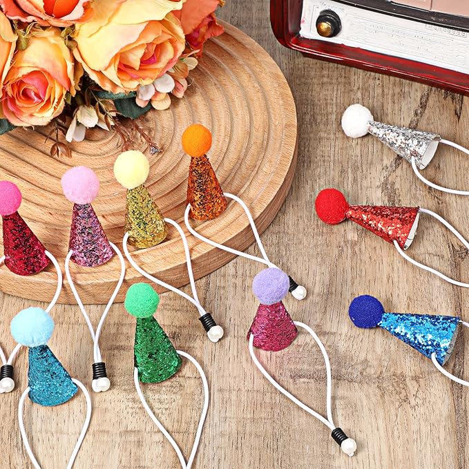 10PCS Small Party Hats for Stuffed Animals, Mini Birthday Hats for Stuffed Animals, Dogs, Cats, Adjustable Tiny Hat with Pom Poms, Holiday Birthday Costume Accessories