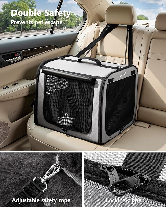 Pecute Dog Car Carrier Light Weight 19.7×16.9×14.8in, Dog Carrier Easy to Assemble, Dog Car Crate Portable and Breathable,Pet Carrier for Indoor and Outdoor, Dog Travel Crate with Curtain Gray