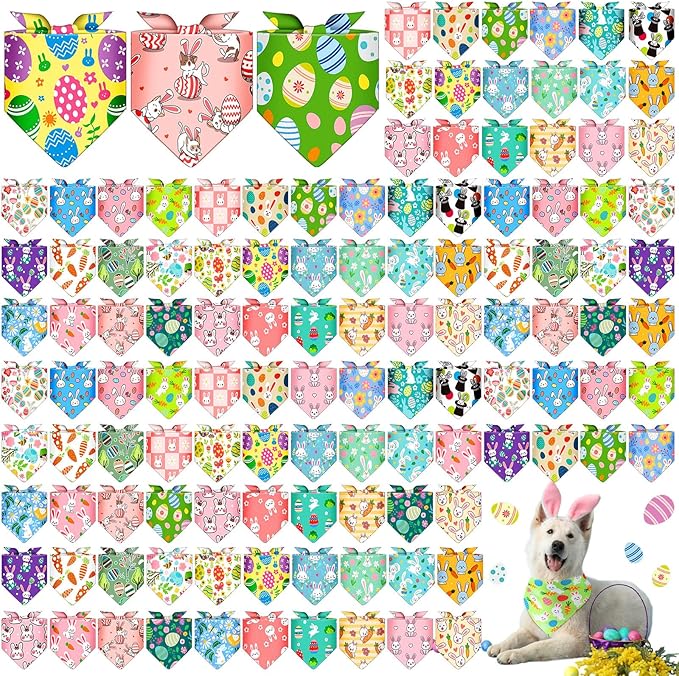 Sanwuta 120 Pcs Easter Dog Bandanas Bulk Rabbits Patterns Bandanas for Dogs Easter Eggs Adjustable Washable Pet Triangle Scarf for Small and Medium Dogs, 30 Styles