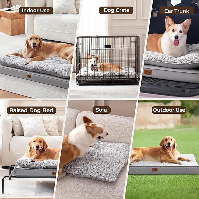 2-Pack Waterproof Dog Bed Large Size Dogs, Plush Cushion & Orthopedic Egg-Crate Foam Mattress for Senior Dogs, Washable Dog Crate Bed with Removable Cover, Light Grey