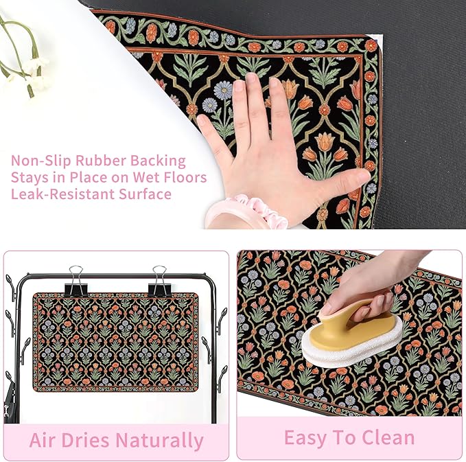 Pet Feeding Mat 20 x 12 Inch, Black Floral Pet Placemat Absorbent Quick-Dry for Food and Water, Waterproof Non Slip Rubber Bowl Pad Mat for Floors