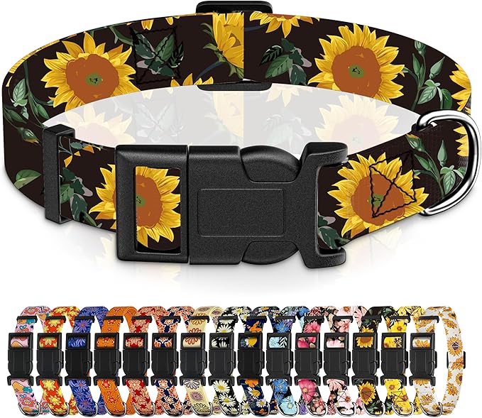 Dog Collar for Boys Girls, Sunflower Puppy Collar for Small Medium Large Dogs, Adjustable Soft Floral Pet Collar with Safety Buckle for Male Females(Black Sunflower,XS)