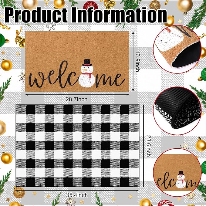 Tinideya 2 Pcs Winter Door Mat Snowman Welcome Non Slip Coir Mats Snow Black White Buffalo Plaid Floor Layering Doormats Seasonal for Front Porch Entryway Decor(Snowman)