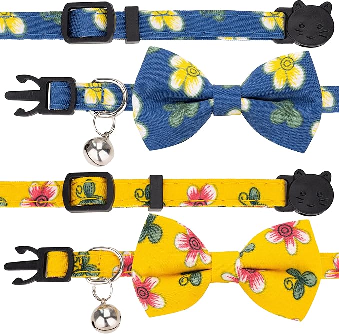 Collar for Cat Pet Breakaway with Bell Bowtie Detachable Bow Adjustable Safety Kitten Puppy Girl Boy 2pcs Flower-Blue & Yellow