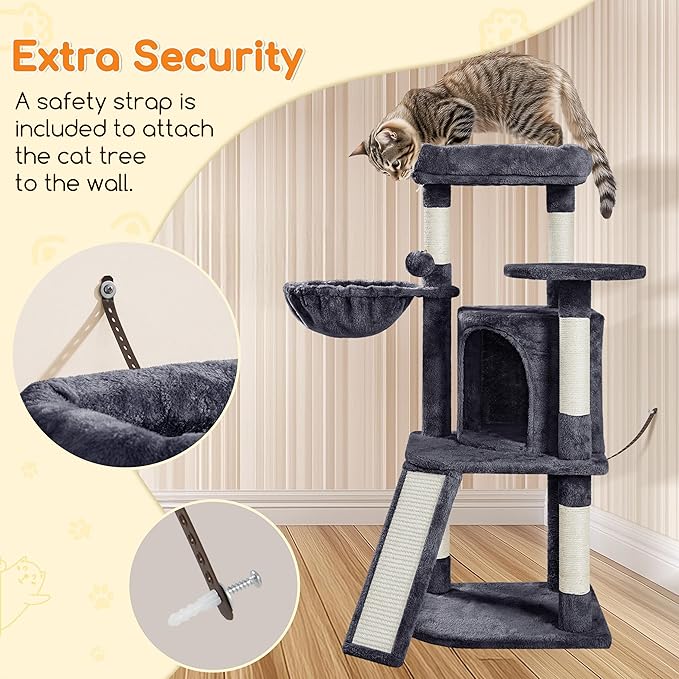 Yaheetech 42in Cat Tree Tower for Indoor Cats, Kitten House with Large Perch & Scratching Posts & Cozy Condo & Scratching Ramp, Pet Furniture Activity Center, Dark Gray