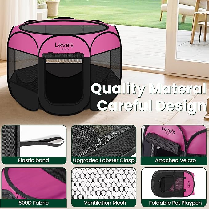 Love's cabin Pet Puppy Dog Playpen, Small Dog Tent Crates Cage Indoor/Outdoor, Portable Playpen for Cat, Foldable Pop Up Dog Kennel Playpen with Carring Case, Removable Zipper Top, Pink