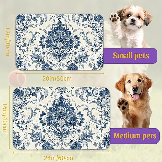 Vintage Floral Paisley Pet Feeding Mat, Absorbent Dog Cat Bowl Pad, Quick Dry, No Stains, Non-Slip Backing – 12x20 Inch