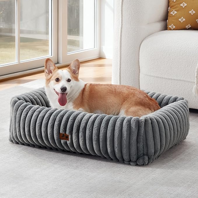 Washable Dog Bed for Small Medium Dogs - Rectangle Orthopedic Corduroy Fleece Pet Bed with Removable Cover and Nonskid Bottom, Calming Puppy Bed Soft Pet Sofa, Grey(35x25x9inchs)