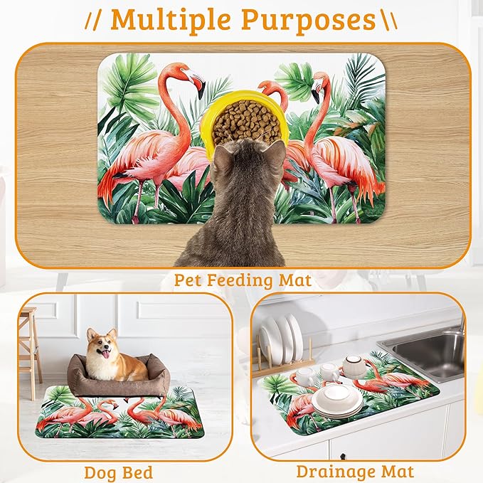 Pink Flamingo Dog Food Mat,Plam Leaves Absorbent Pet Feeding Mat for Food and Water Bowl,Quick Dry Dog Placemat Non Slip Rubber Backing Waterproof Pet Supplies 12" x 20"